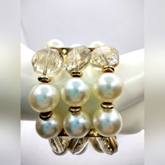 Fashion Chunky Faux Pearl Clear Glass Beads and Rhinestone Bracelet - Picture 5 of 5